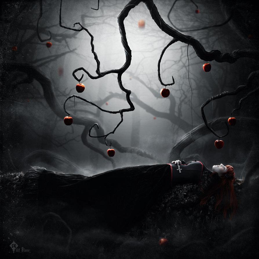 girl, apple, death, forest