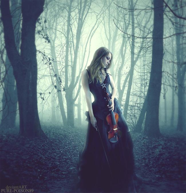 violin, girl, forest