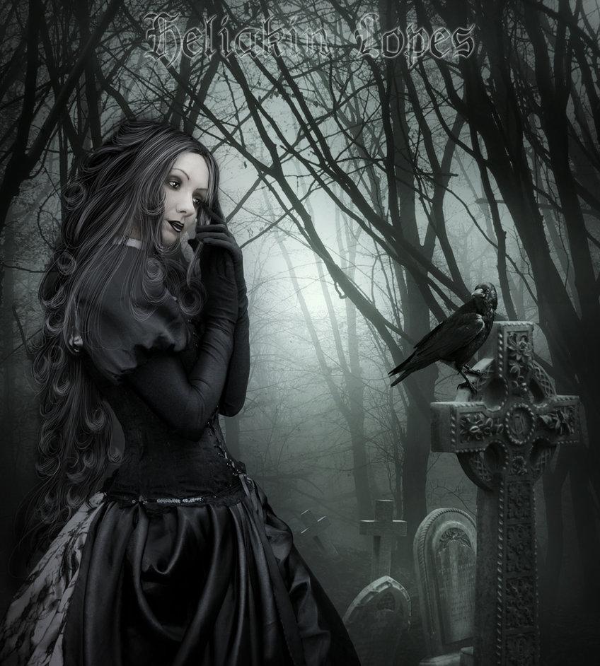 graveyard, girl, animal, crow